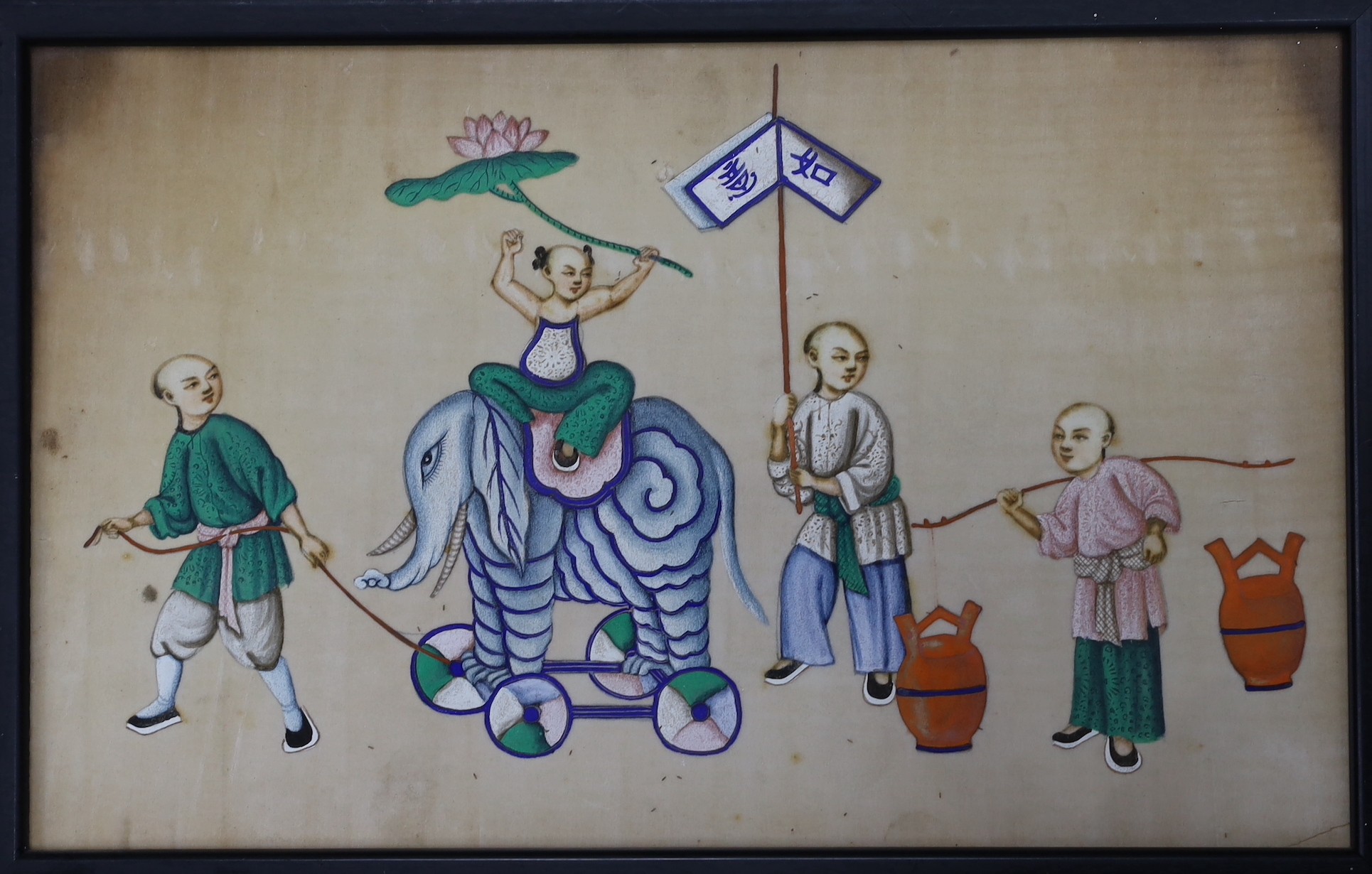 19th century Chinese School, six gouache on pith paper, Figures in a procession, 19.5 x 31cm